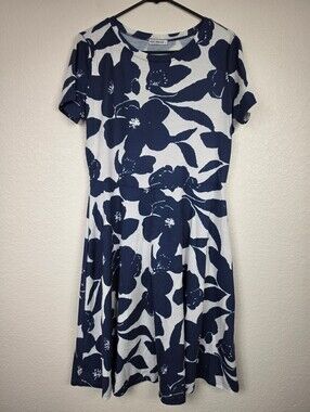 HUHOT Women's Navy White Floral Short Sleeve Dress Large